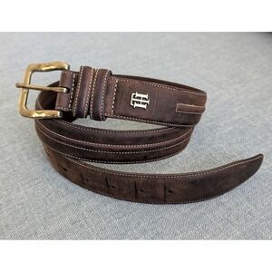 Tommy Hilfiger Mens Brown Leather Belt 40 Handcrafted Brass Buckle Triple Stitch